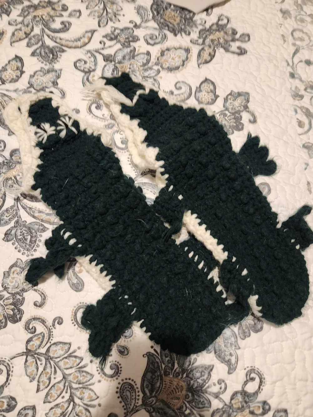 Handmade Alligator Dark Green and Cream Crocheted Socks - Cozy
